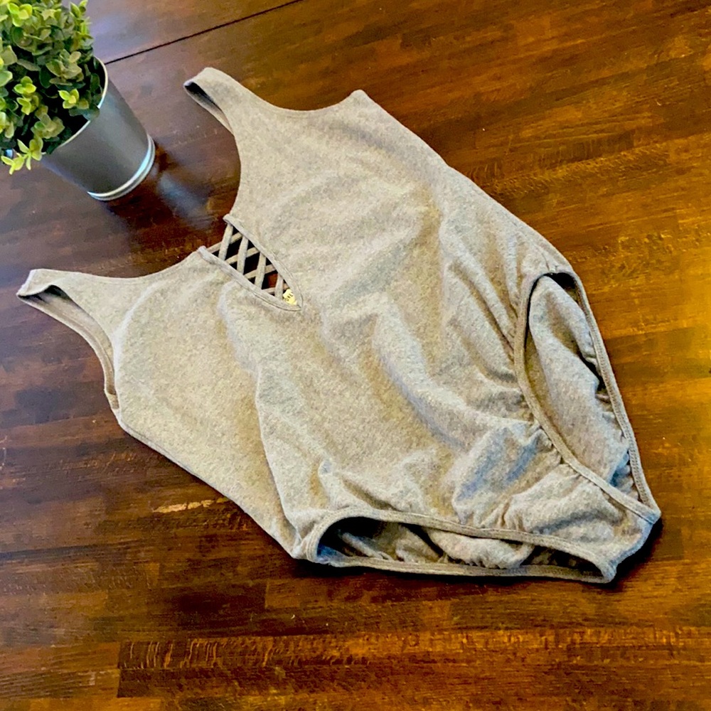 Grey crisscross front bodysuit